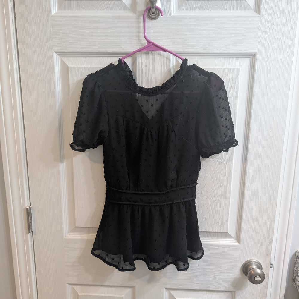 Monteau Black Babydoll Blouse With Lace Collar Short Sleeve - Size S